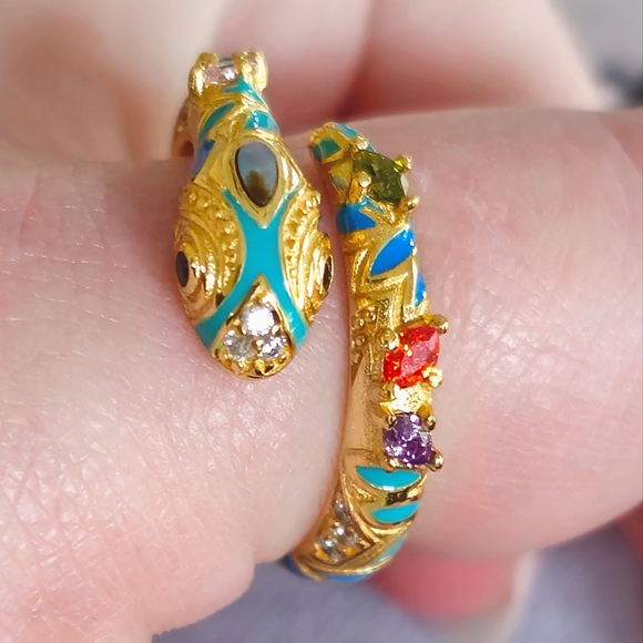 18KT GOLD/925 STERLING SILVER TURQUOISE DIAMOND EMERALD SNAKE ADJUSTABLE RING - Picture 13 of 16